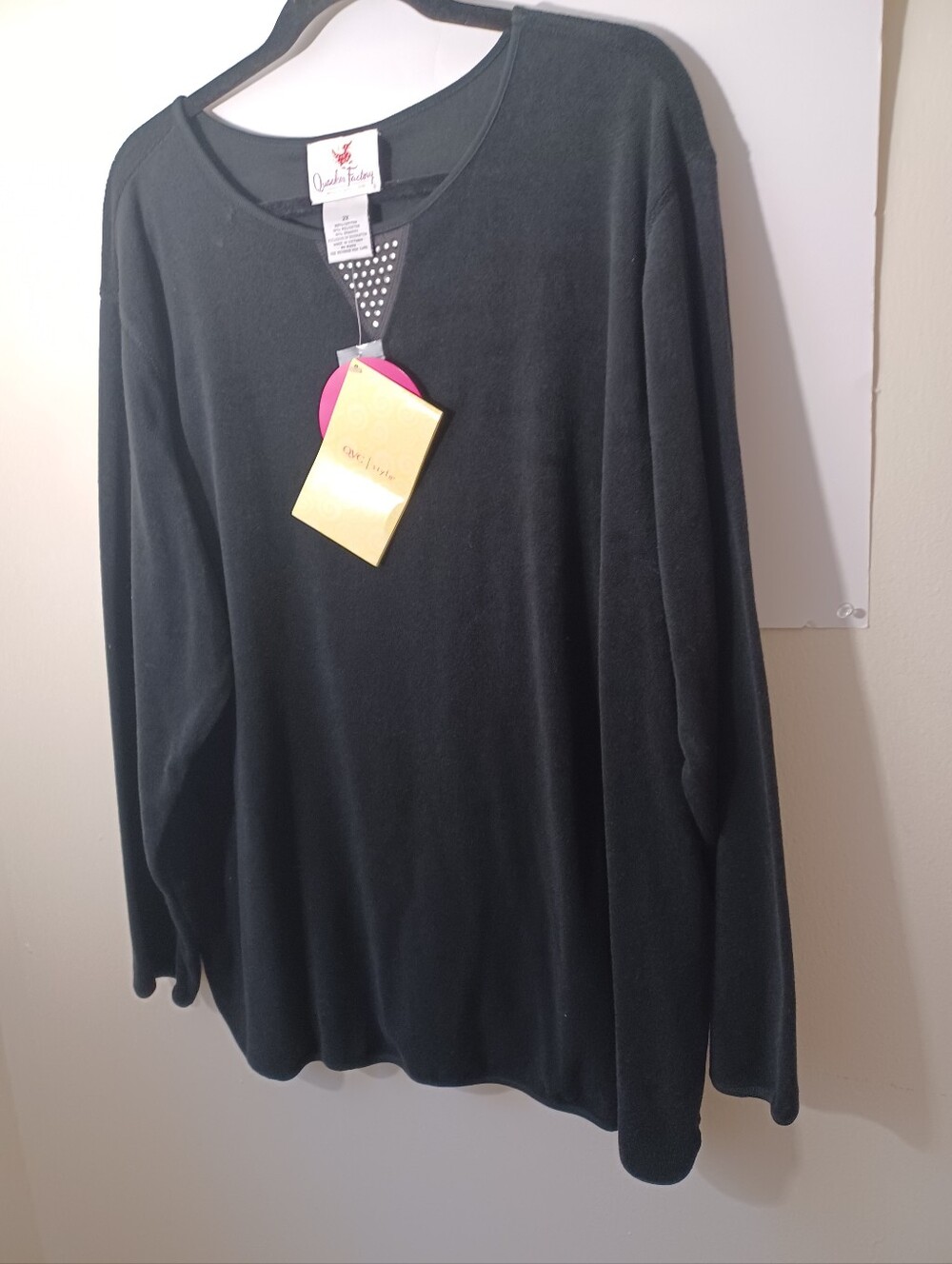 Quacker Factory Black Women's Long-Sleeve Pullover Top Terry Cloth New 2X